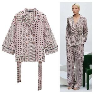 Zara Geometric Print Wrap Blouse Tie Waist sz L 8 10 12
